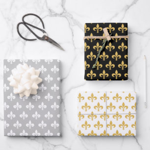 Elegante Fleur de Lis auf Schwarzgrau und Weiß Geschenkpapier Set