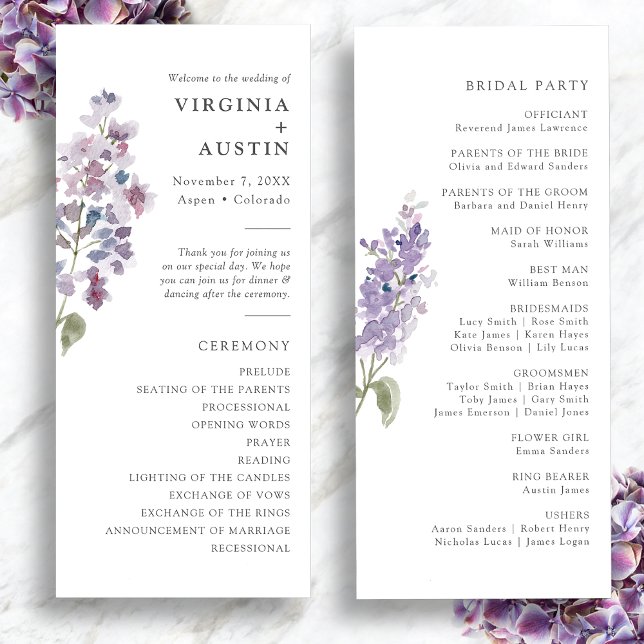 Elegante Fliederhochzeit Programm (Elegant Watercolor Lilac Wedding Program by Painted Paperie
)