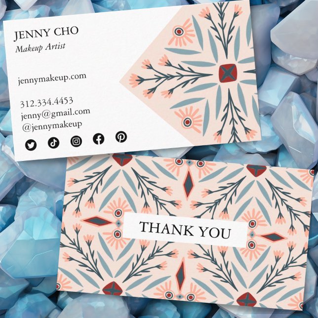 Elegante Fliesen Geometric Pink Order Danke Yo Visitenkarte (Order thank you card with custom social media icons. Pretty pink design.)