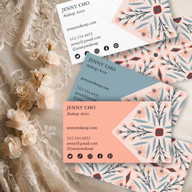 Elegante Fliesen geometrische rosa Schönheit Visitenkarte (Handmade pretty elegant pattern on these custom business cards with social media icons)