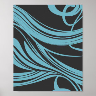 Elegante fließende Linien in Türkis auf Schwarz Poster
