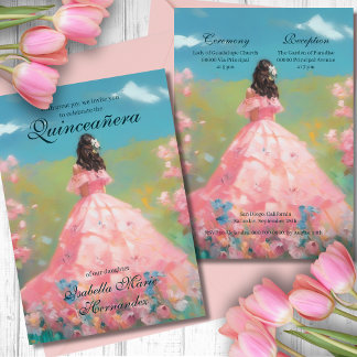 Elegante Flora Pink Dreamy Wasserfarben Quinceñera Einladung