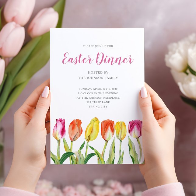 Elegante Flora Wasserfarbe Tulip Ostern Abendessen Einladung (Elegant Floral Watercolor Tulip Easter Dinner Invitation)