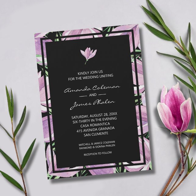 Elegante Floral auf Black Wedding Einladung (Elegant purple and white magnolias wedding invitations - INSTANT DOWNLOAD and/or PRINTED)