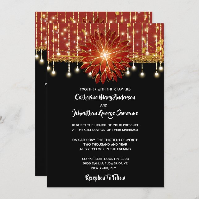 Elegante Floral Black Gold rote Hochzeitsfeier Einladung (Vorne/Hinten)