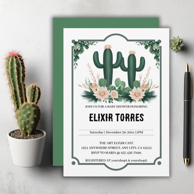 Elegante floral Boho Moderne Cactus Baby Shower Einladung (Von Creator hochgeladen)