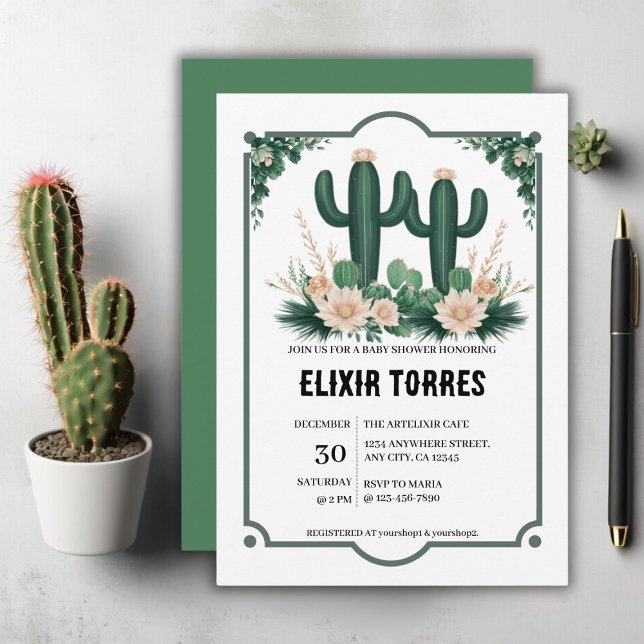 Elegante floral Boho Moderne Cactus Baby Shower Einladung (Von Creator hochgeladen)