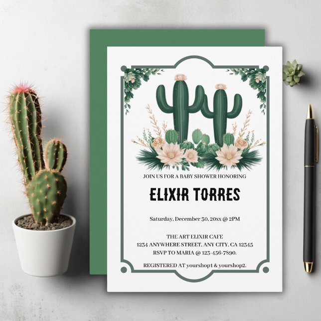 Elegante floral Boho Moderne Cactus Baby Shower Einladung (Von Creator hochgeladen)