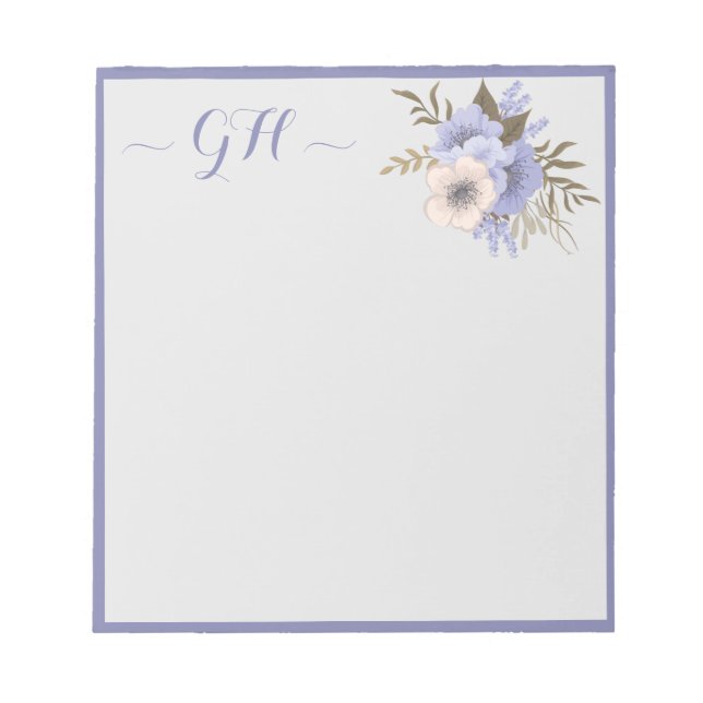 Elegante Floral Bouquet Gray Blue Pink Initials Notizblock (Vorderseite)