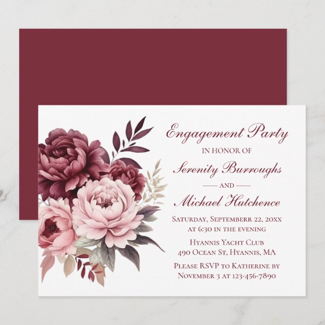Elegante floral Burgundy Peony Wedding Verlobung Einladung (Vorne/Hinten)