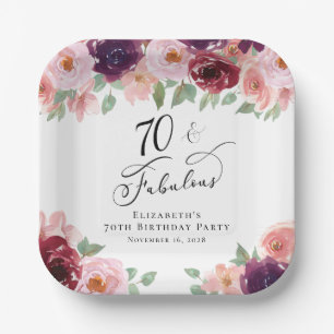 Elegante Floral Burgundy Pink 70. Geburtstagsparty Pappteller
