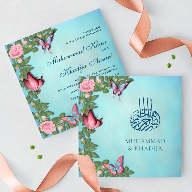 Elegante Floral Butterflies Islamische Hochzeit Einladung (Von Creator hochgeladen)