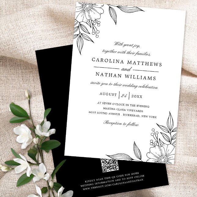Elegante Floral Corners Wedding Black QR Code Einladung (Von Creator hochgeladen)