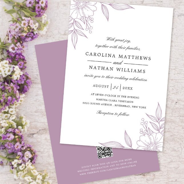 Elegante Floral Corners Wedding Lavender QR Code Einladung (Von Creator hochgeladen)