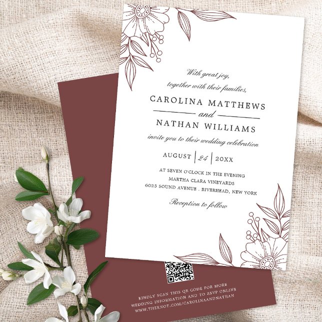 Elegante Floral Corners Wedding Rust Red QR Code Einladung (Von Creator hochgeladen)