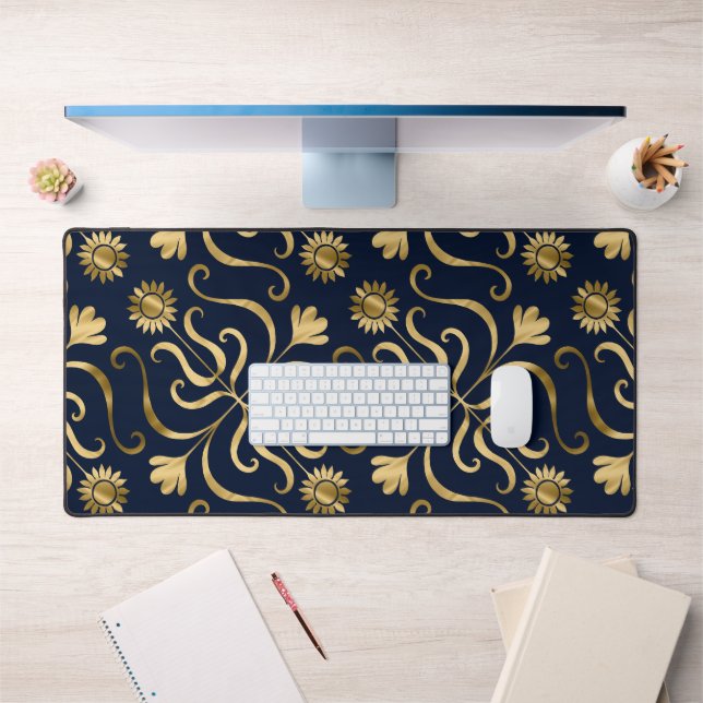 Elegante Floral Damask Navy Blue & Gold Sonnenblum Schreibtischunterlage (Büro 1)