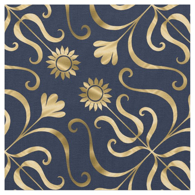 Elegante Floral Damask Navy Blue & Gold Sonnenblum Stoff (Nahaufnahme)
