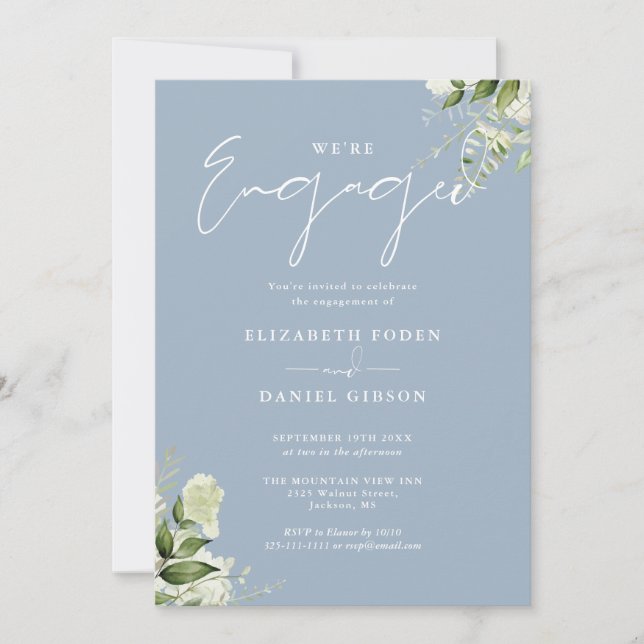 Elegante floral Dusty Blue Engagement Party Einladung (Vorderseite)