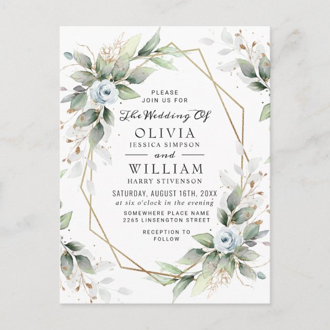 Elegante floral Dusty Blue Wedding Invitation Card Postkarte (Vorderseite)