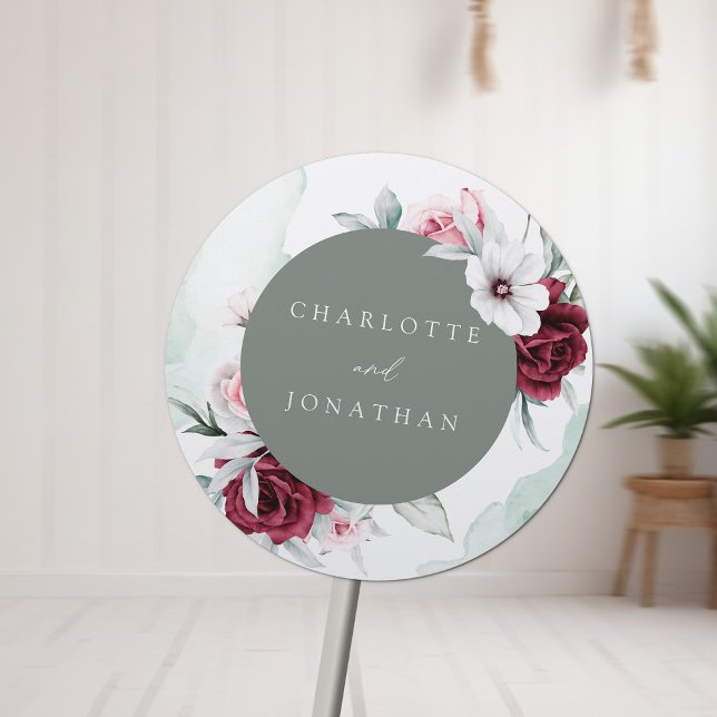 Elegante Floral Emerald Green & Burgundy Wedding Runder Aufkleber (Von Creator hochgeladen)