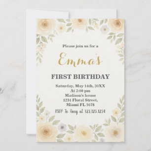 Elegante Floral Erster Geburtstag Einladung