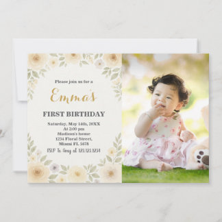 Elegante Floral Erster Geburtstag Einladung