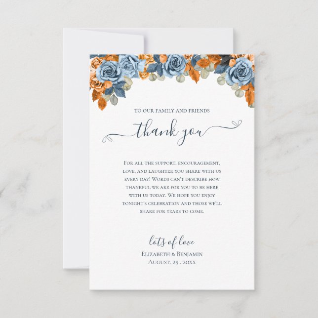 Elegante Floral Fall Navy und Rost Wedding Boho Dankeskarte (Vorderseite)