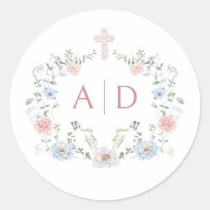 Elegante Floral Frame Religiöse Hochzeitmonogramme Runder Aufkleber