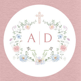 Elegante Floral Frame Religiöse Hochzeitmonogramme Runder Aufkleber