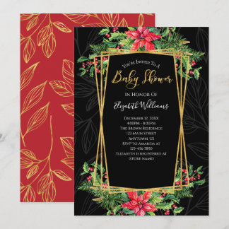 Elegante Floral Gold Black Christmas Baby Shower Einladung