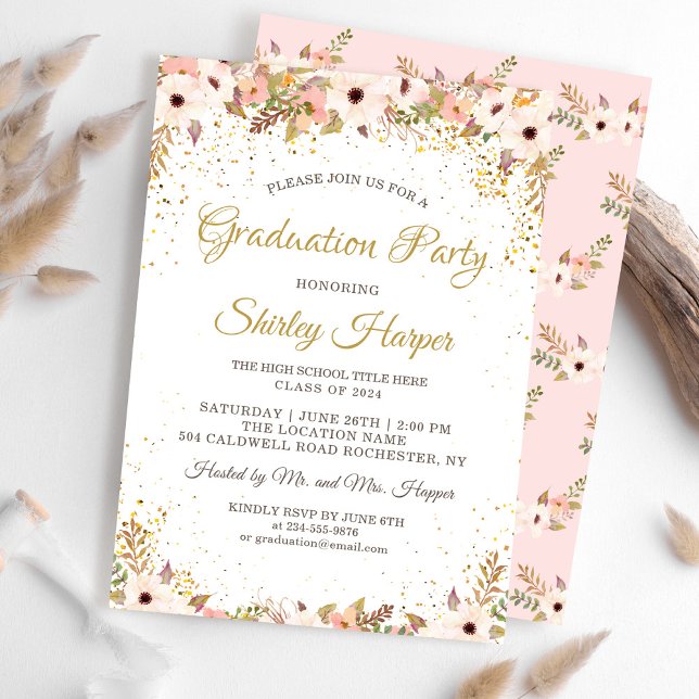 Elegante Floral Gold Confetti Pink Graduation Part Einladung (Von Creator hochgeladen)