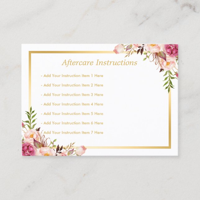 Elegante Floral Gold Lash Aftercare Card Visitenkarte (Vorderseite)