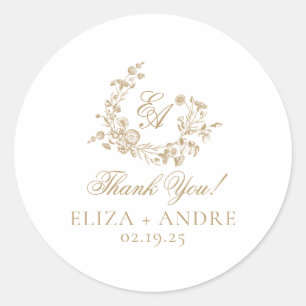 Elegante Floral Gold Monogram Wedding Runder Aufkleber