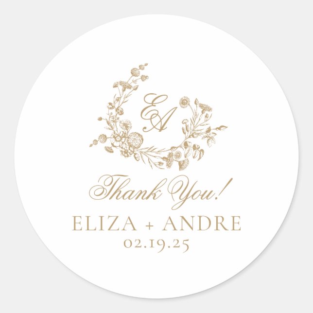 Elegante Floral Gold Monogram Wedding Runder Aufkleber (Vorderseite)