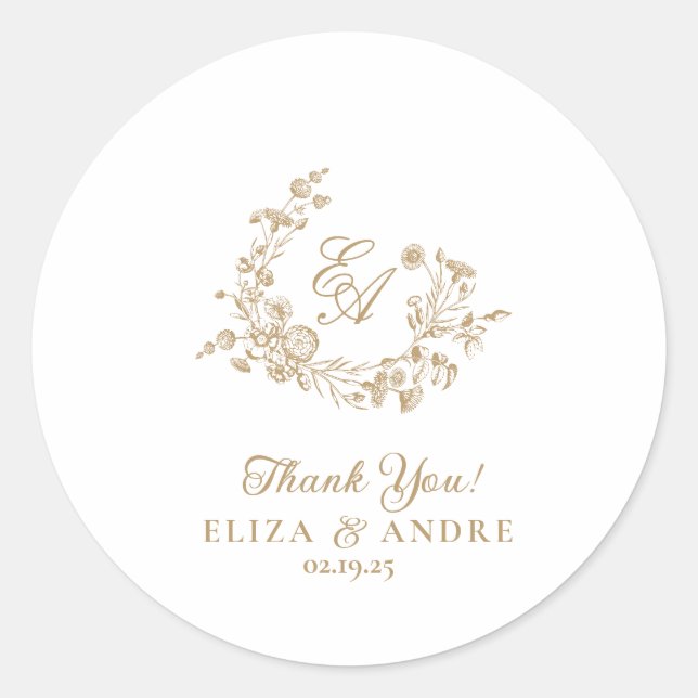 Elegante Floral Gold Monogram Wedding Sticker (Vorderseite)