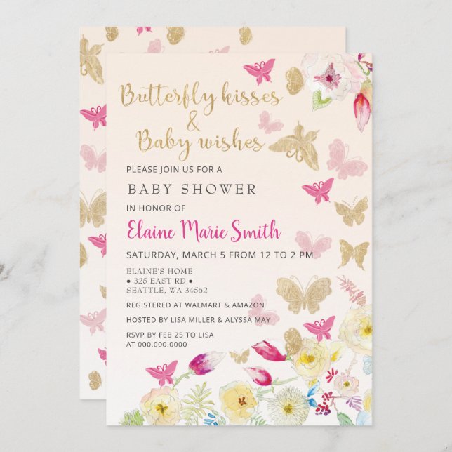 Elegante Floral Gold Pink Butterflies Babydusche Einladung (Vorne/Hinten)