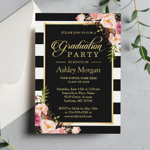 Elegante floral gold-schwarze weiße Streifen Absch Einladung