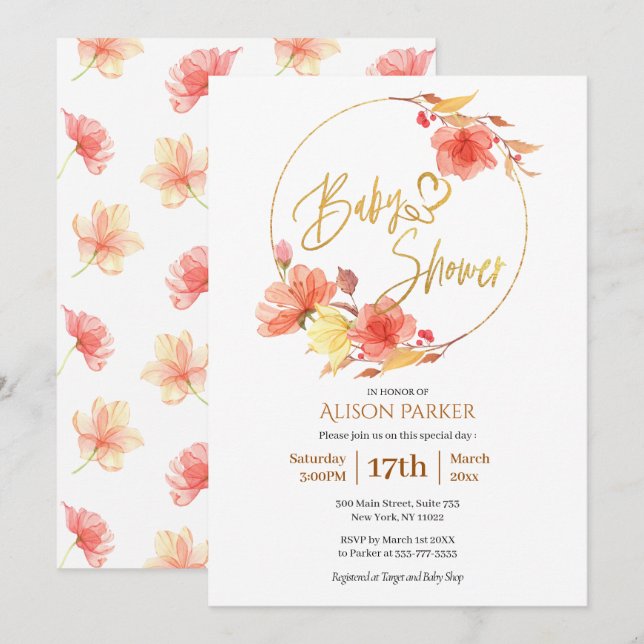 Elegante Floral Gold Script Watercolor Baby Shower Einladung (Vorne/Hinten)