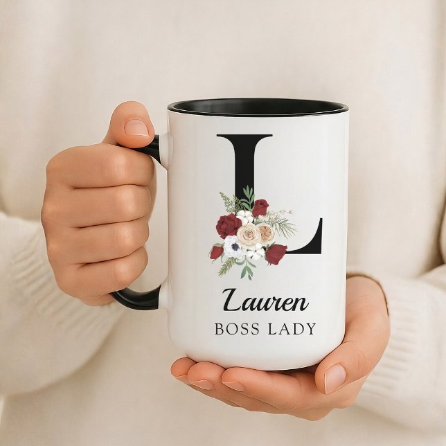 Elegante Floral Initiale personalisierte Kasse für Tasse (Personalized Monogram Floral Alphabet Mug for Mom, Grandma, Teacher, Nurse, Lawyer or Bridesmaid)
