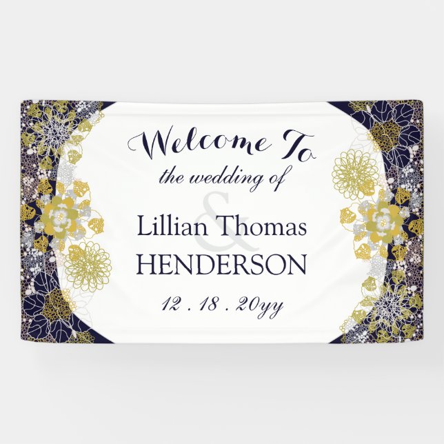 Elegante Floral Lace Silver Gold Wedding Party Banner (Horizontal)