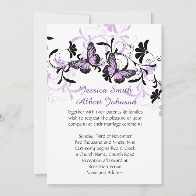 Elegante Floral Lavender Butterfly Wedding Einladu Einladung (Vorderseite)