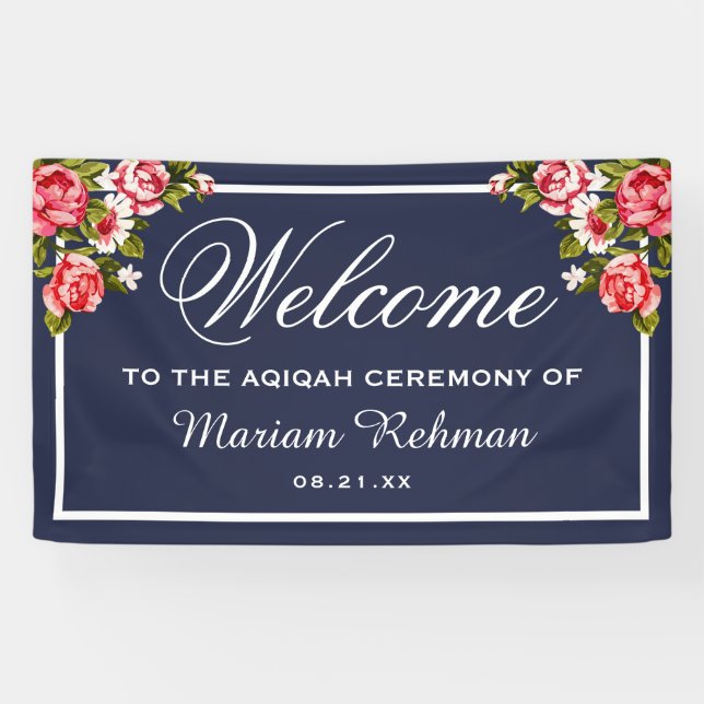 Elegante Floral Midnight Blue Baby Girl Aqiqah Banner (Horizontal)