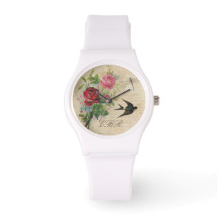 Elegante Floral Monogram Pink Roses Bird Dragonfly Armbanduhr