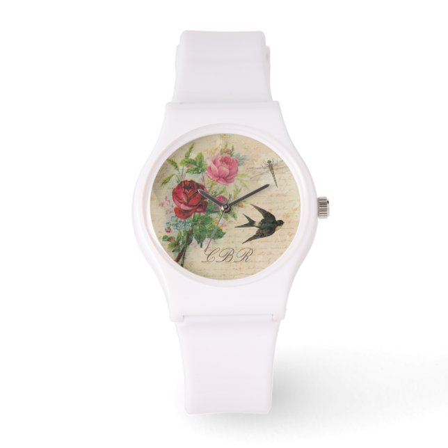 Elegante Floral Monogram Pink Roses Bird Dragonfly Armbanduhr (Vorderseite)