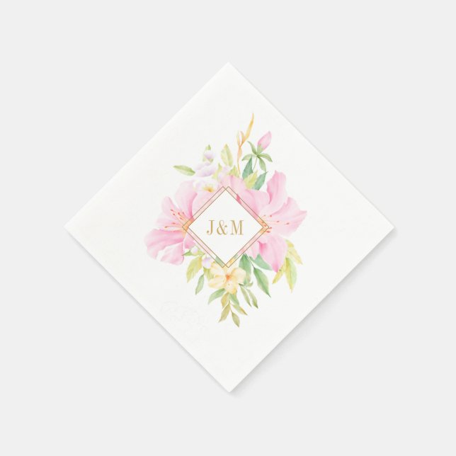 Elegante Floral Monogram Wasserfarbe Rosa Hochzeit Serviette (Ecke)