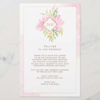 Elegante Floral Monogram Wedding Welcome Itinerary