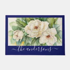 Elegante Floral Navy Blue Magnolia Blume Name Fußmatte