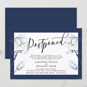 Elegante Floral Navy & White Postoned Wedding Einladung