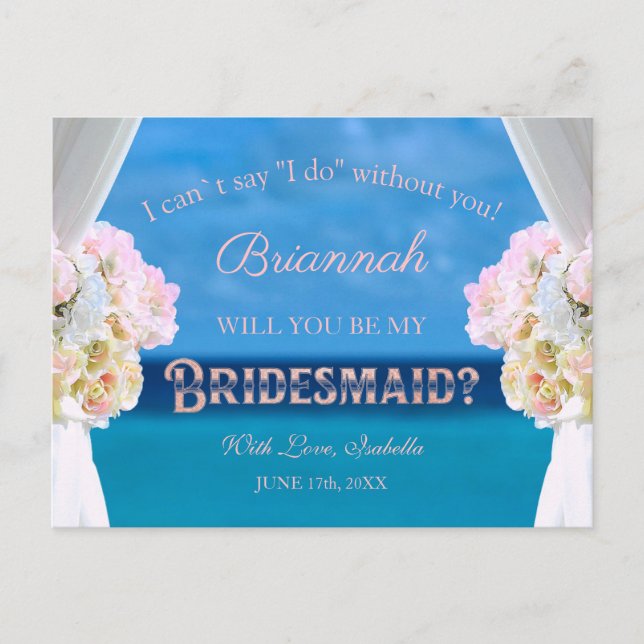 Elegante Floral Ocean Beach Rosegold Bridesmaid Einladungspostkarte (Vorderseite)
