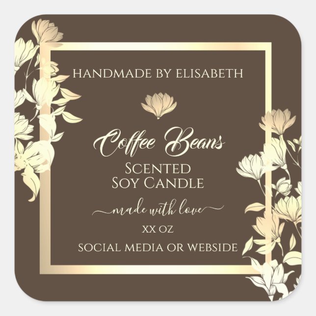 Elegante Floral Product Packaging Labels Gold Brow Quadratischer Aufkleber (Vorderseite)